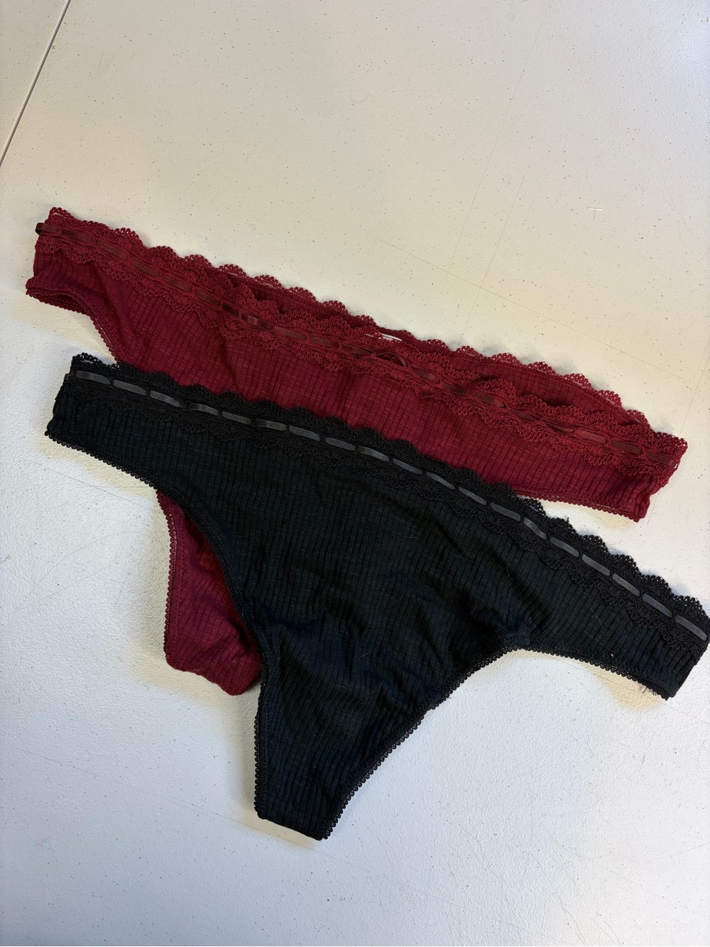 Aerie Ribbed Lace Trim Thong Panty XXL Burgundy Black NWT New Lot of 2 Pairs